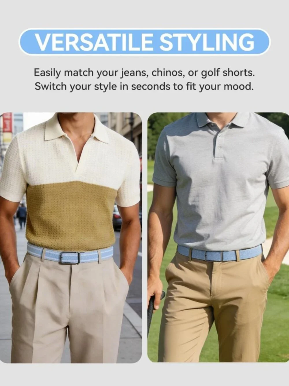 Reversible 2-in-1 Stretch Braided Golf Belt for Men, Holeless Elastic Web, 1.3